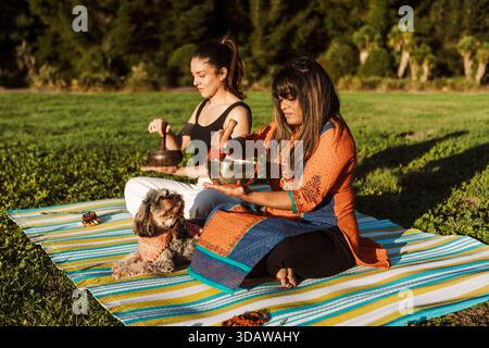 Due donne si impegnano in un bagno sonoro con bocce cantanti in un lussureggiante parco neozelandese durante l'autunno. L'ambiente vivace crea un'atmosfera serena per rel Foto Stock