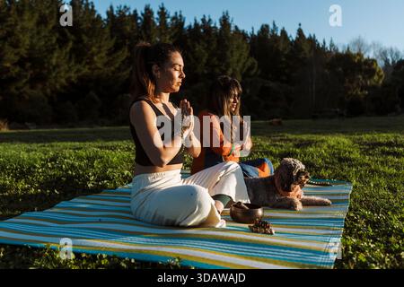 Due donne praticano il bagno all'aperto in nuova Zelanda durante l'autunno, sedute su un tappeto a righe circondato dalla natura, meditando e godendosi il tranqui Foto Stock
