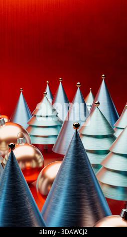 Questa scena è caratterizzata da vivaci alberi di Natale e palle luccicanti su sfondo rosso brillante, creando un'atmosfera festosa per le festività natalizie. Foto Stock