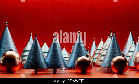 Questa scena è caratterizzata da vivaci alberi di Natale e palle luccicanti su sfondo rosso brillante, creando un'atmosfera festosa per le festività natalizie. Foto Stock