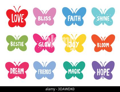 Farfalla carina con set di raccolta di parole positive. Illustrazione Vettoriale