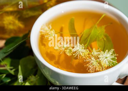Primo piano di una rilassante tazza di tiglio servito in una tazza bianca incontaminata, adornata con fiori freschi di tiglio e foglie verdi. Il ricco hu dorato Foto Stock