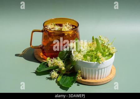 Una calda tazza di tiglio alle erbe si trova accanto a una ciotola di fiori freschi di tiglio su un sottobicchiere di legno, il tutto su un rilassante sfondo verde pastello. Foto Stock