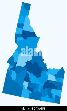 Mappa dell'Idaho con le contee. Solo una semplice mappa del confine di stato con la divisione della contea. Tavolozza di colori azzurro. Illustrazione Vettoriale