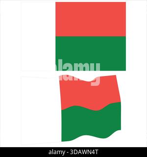 Immagine vettoriale della bandiera del Madagascar con una versione rettangolare piatta e una versione fluida ondulata. Illustrazione Vettoriale