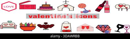 Set di colorate icone vettoriali dal design piatto che rappresentano vari simboli romantici e di San Valentino, tra cui regali, dolci e bevande Illustrazione Vettoriale