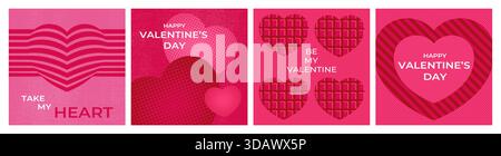 Carte di San Valentino con mezzitoni geometrici e cuori a righe. Carta d'amore, copertina, modello. Illustrazione vettoriale Illustrazione Vettoriale