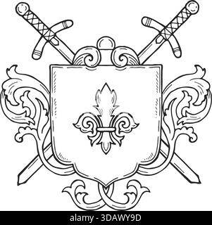 Uno scudo con una spada e una fleur de lis su di esso. Lo scudo è bianco e nero Illustrazione Vettoriale