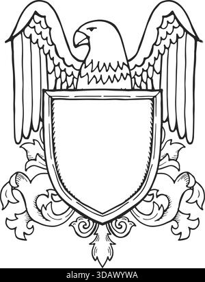 Un disegno bianco e nero di un'aquila con uno scudo. Lo scudo è vuoto e l'aquila è il fuoco principale dell'immagine Illustrazione Vettoriale