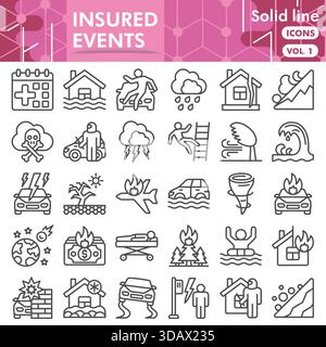 Collezione di simboli o schizzi degli eventi assicurati. icone del tema assicurativo in linea segni per il web e l'app. Grafica vettoriale isolata su sfondo bianco Illustrazione Vettoriale