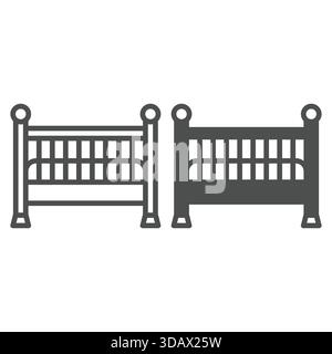 Letto in legno per la linea del bambino e icona solida, concetto per la festa della mamma. Grafica vettoriale. Culla per bambini, insegna della culla su sfondo bianco, icona stile contorno per mobi Illustrazione Vettoriale