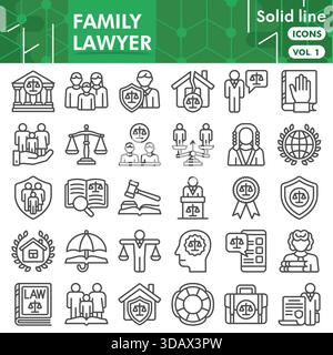 Collezione o bozzetti dell'avvocato di famiglia. icone a tema legge e giustizia in linea segni per web e app. Grafica vettoriale isolata su sfondo bianco Illustrazione Vettoriale