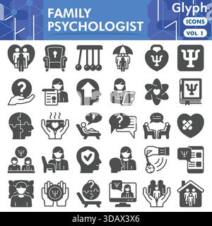 Collezione o schizzi di psicologi familiari. icone tematiche psicologiche in stile glifo segni per web e app. Grafica vettoriale isolata su sfondo bianco Illustrazione Vettoriale