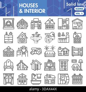 Collezione di interni della casa o schizzi. icone a tema di design degli interni in linea segni per web e app. Grafica vettoriale isolata su sfondo bianco Illustrazione Vettoriale
