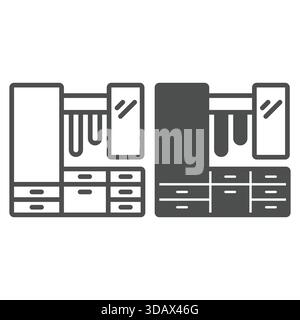 Corridoio con specchio e cassetti e icona a tinta unita, concetto di interni per la casa. Grafica vettoriale. Insegna per mobili su sfondo bianco, icona stile contorno f Illustrazione Vettoriale