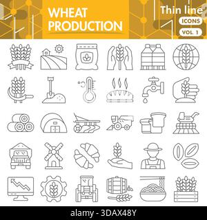 Raccolta o bozzetti per la produzione di grano. le icone dei temi dei prodotti flavor in stile sottile segnalano web e app. Grafica vettoriale isolata su sfondo bianco Illustrazione Vettoriale