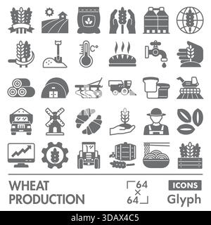 Raccolta o bozzetti per la produzione di grano. icone dei temi dei prodotti flavor in stile glifo segni per web e app. Grafica vettoriale isolata su sfondo bianco Illustrazione Vettoriale