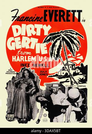 "Dirty Gertie (Sack Amusement Enterprises, 1946). Titolo alternativo: No Place; [1946] A ''race film'', con Francine Everett, Don Wilson, Katherine Moore e Alfred Hawkins. Diretto da Spencer Williams. In questo film, il passato torna a perseguitare la famosa spogliarellista di Harlem, Gertie LaRue (Francine Everett) quando lascia il suo fidanzato di New York e inizia i guai sull'isola di Trinidad. La storia originale è stata scritta da True T. Thompson." Foto Stock