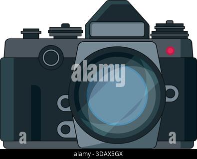 Una fotocamera nera con un pulsante rosso in alto a destra Illustrazione Vettoriale