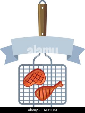 Una griglia con due pezzi di carne sopra e un nastro dietro di essa Illustrazione Vettoriale