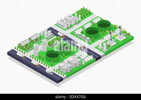 Impianto di produzione di biogas isometrico illustrato in vettore sullo sfondo Illustrazione Vettoriale