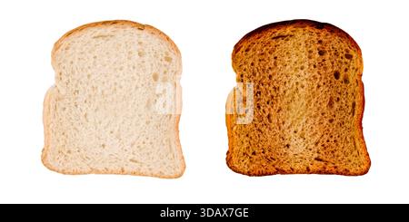 Foto di due fette di pane, bianco e marrone o tostato, isolate su sfondo bianco, ritagliate Foto Stock