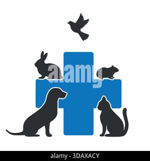 Immagine che raffigura animali domestici come silhouette su sfondo blu a croce. Illustrazione Vettoriale