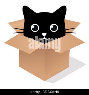 Illustrazione di un gatto nero carino in una scatola con un'ombra su sfondo bianco Illustrazione Vettoriale
