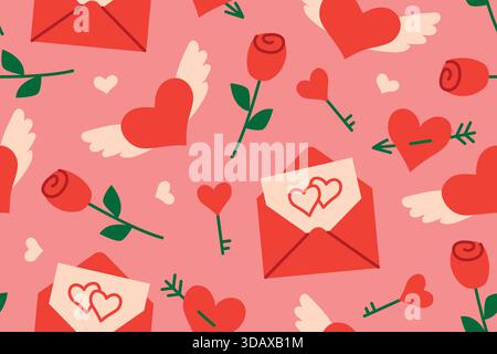 Motivo senza cuciture di San Valentino con lettera d'amore, rosa; cuori con freccia, tasti e ali; sfondo di febbraio - illustrazione vettoriale Illustrazione Vettoriale