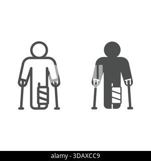 Uomo con una linea di bendaggio per lesioni alle gambe e icona solida, concetto di salvataggio umano. Grafica vettoriale. Umano sul bastone da passeggio, aiuta le stampelle a firmare su sfondo bianco, Illustrazione Vettoriale