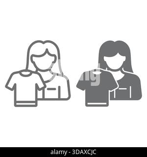 Lavatrice e camicie pulite, icona solida, concetto di servizio lavanderia. Grafica vettoriale. Camicia e donna, lavare i vestiti segno su backgroun bianco Illustrazione Vettoriale