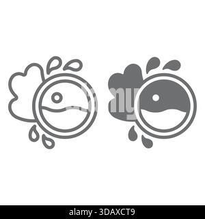 Finestra lavavetri con linea di infiltrazione acqua e icona continua, concetto di servizio lavanderia. Grafica vettoriale. Sportello per lavatrice con cartello gocce su sfondo bianco, Illustrazione Vettoriale