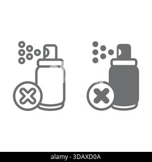 La linea di divieto di irrorazione della bomboletta aerosol e l'icona continua, concetto di articoli vietati. Grafica vettoriale. Cartello irroratrice a gas proibita su sfondo bianco, stile contorno Illustrazione Vettoriale