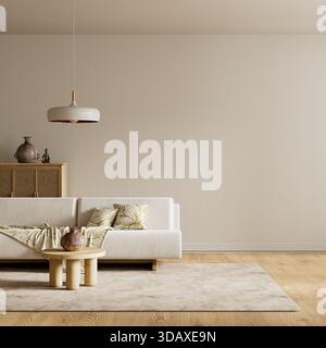 L'illuminazione naturale e lo spazio negativo caratterizzano l'ariosa sala Nordic, sottolineando superfici pulite, mobili in legno chiaro e morbide armonia delle texture. 3D illust Foto Stock