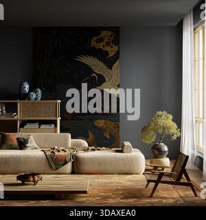 Interni Moody japandi con calde sfumature, toni profondi e texture ricche. Materiali di lusso e ombre d'atmosfera creano un'atmosfera elegante e serena Foto Stock