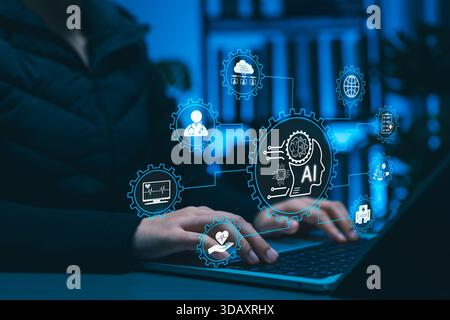 Intelligenza artificiale nel concetto di assistenza sanitaria. Integrazione DELL'INTELLIGENZA ARTIFICIALE con la tecnologia medica, l'analisi dei dati e l'innovazione per la diagnostica intelligente e l'assistenza sanitaria Foto Stock