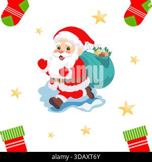 Perfetto motivo natalizio con graziosi Babbo Natale, calze, stelle ed elementi natalizi. Perfetto per l'arredamento dei bambini, la carta da imballaggio, i tessuti e i 2025 design natalizi Illustrazione Vettoriale