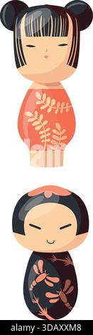 Bambole Kokeshi. Tradizionale icona di cartone animato in legno isolata su sfondo bianco Illustrazione Vettoriale