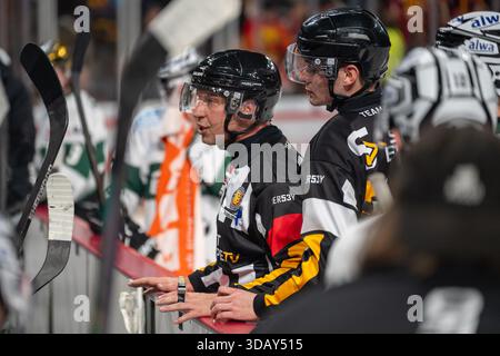 12.12.2025, Eishockey: DEL 2, Saison 2025/2026, 23. Spieltag, Duesseldorfer EG - Bietigheim Steelers im PSD Bank Dome a Duesseldorf. Ein Schiedsrichter im Gespraech mit der Bank der Steelers. Foto: Kirchner-Media/Thomas Haesler Foto Stock