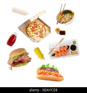 Diversi fast food e salse che cadono su sfondo bianco. Servizio di consegna a domicilio Foto Stock