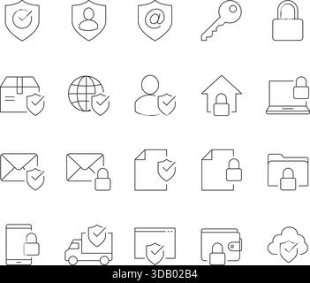 Set icone linea sottile di protezione e protezione. Simboli vettoriali per privacy, sicurezza dei dati, controllo degli accessi, crittografia e protezione digitale. Illustrazione Vettoriale