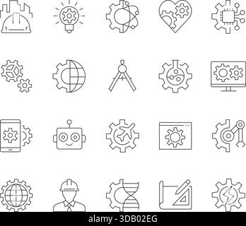 Set icone linea tecnica. Raccolta di simboli di contorno per la tecnologia industriale, meccanica, elettrica e delle costruzioni. Illustrazione Vettoriale