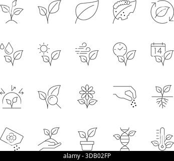 Set icone linea impianto. Raccolta di simboli generali per crescita, natura, giardinaggio, Agricoltura, Ecologia, ed energia rinnovabile. Illustrazione Vettoriale