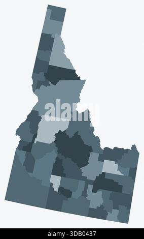 Mappa dell'Idaho con le contee. Solo una semplice mappa del confine di stato con la divisione della contea. Tavolozza dei colori blu/grigio. Stato pianeggiante dell'Idaho forma con amministrati Illustrazione Vettoriale