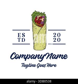 Modello logo degli elementi di design vintage dello shawarma food, illustrazione del kebab o del burrito doner, emblema della cucina mediorientale, grafica del fast food disegnata a mano, Illustrazione Vettoriale