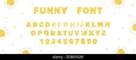 Pastello dell'alfabeto inglese. Caratteri divertenti per la scrittura dei bambini. Lettere e numeri gialli. Consistenza del gesso o della cera. Illustrazione vettoriale Illustrazione Vettoriale