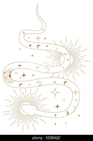 Illustrazione minimale del tatuaggio sacro con serpente Kundalini avvolto in simmetria geometrica. Design esoterico mistico dell'illuminazione del flusso di energia e. Illustrazione Vettoriale