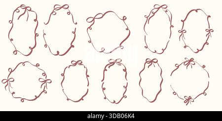 Stravaganti cornici disegnate a mano con linee rosa, nastri e cuori. Set bordino vintage d'ispirazione retrò perfetto per matrimoni con carte di credito o. Illustrazione Vettoriale