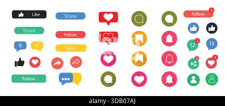 Set completo di pulsanti e icone per il coinvolgimento dei social media: Come, condividi, segui, cuore, campana, e grafica chat. Illustrazione Vettoriale