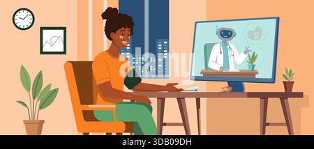 Donna dalla pelle scura che controlla la pressione sanguigna a casa durante una consultazione di telemedicina online con robot medico virtuale su uno schermo del computer, Symboliz Illustrazione Vettoriale
